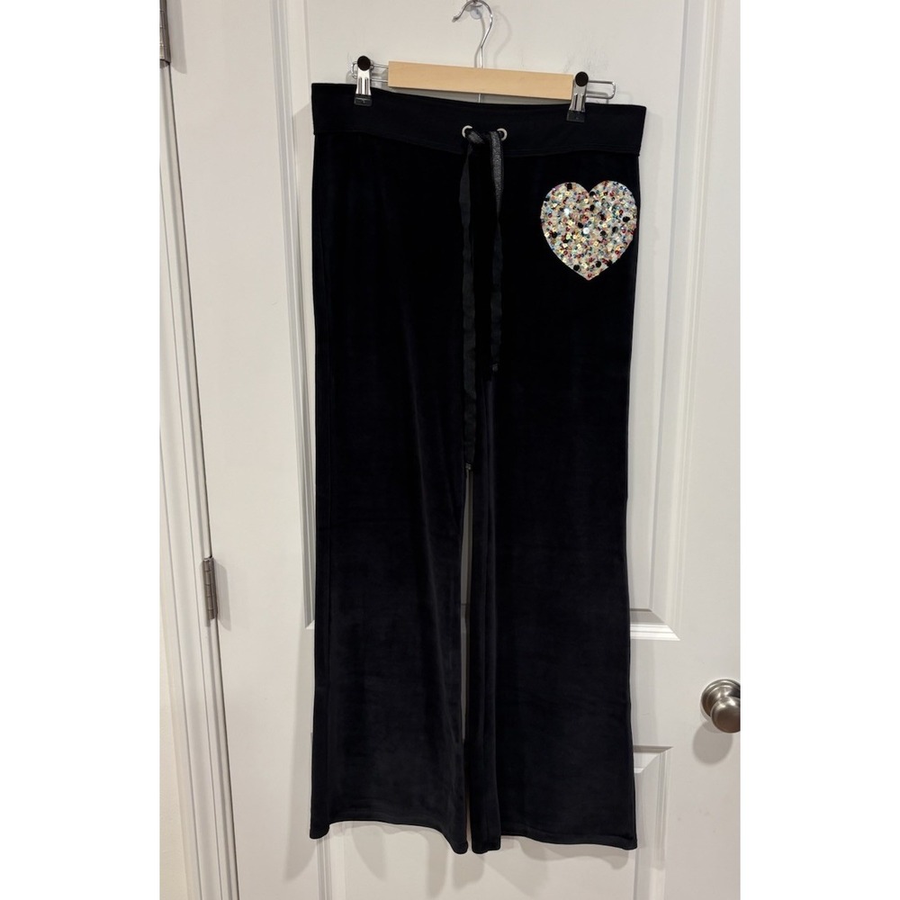 NWT Y2K Victoria's Secret PINK Velour Flare Pants Black Sequin Heart Yoga Sz S